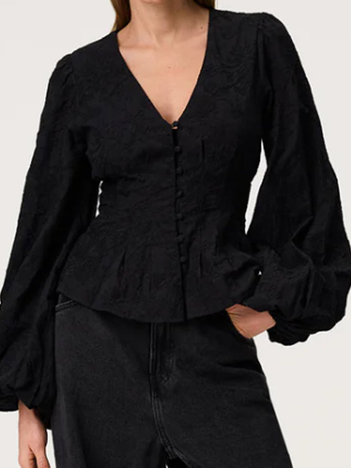 Women's jacquard lace blouse with fitted peplum and balloon sleeves Amarae