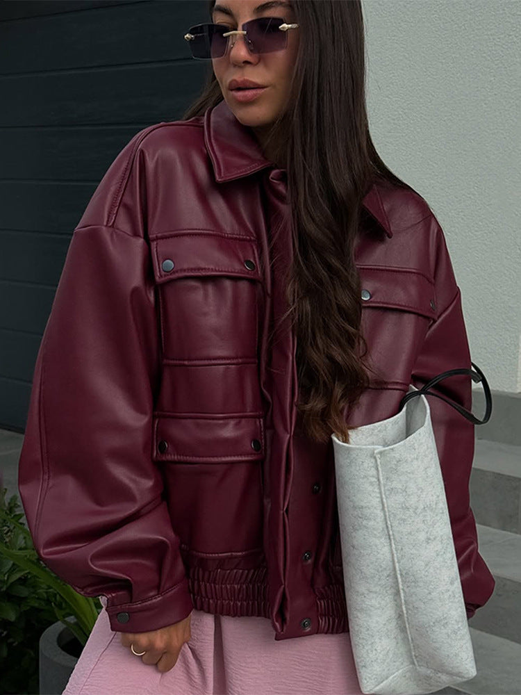Women Oversized Faux Leather Jacket with Placket Snap Pockets and Elastic Hem Amarae