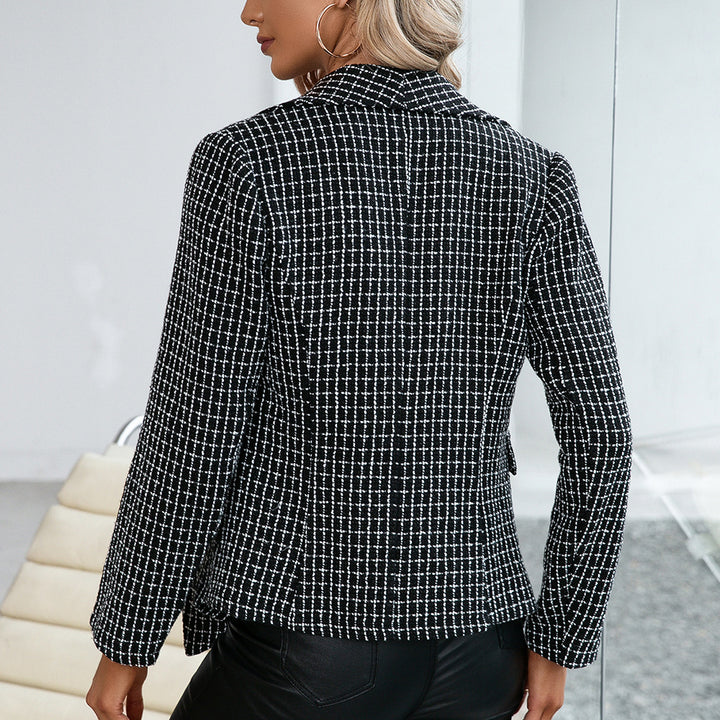 Elegant blazer jacket for women with textured check pattern and stylish buttons Lune London