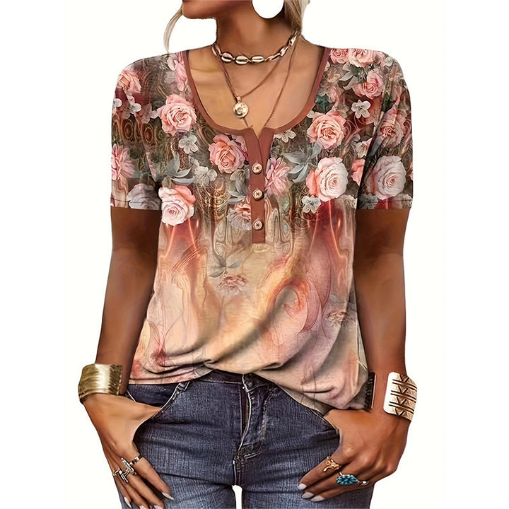 Short sleeve women's t-shirt with heart-shaped floral design and button placket Lune London