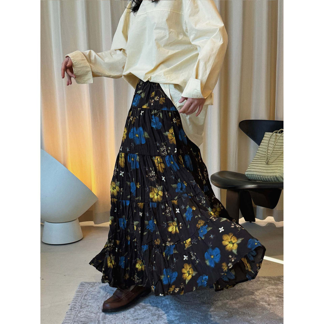 Women's Long Tiered Skirt with Pleated Ruffles and Floral Print Amarae