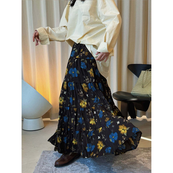 Women's Long Tiered Skirt with Pleated Ruffles and Floral Print Amarae