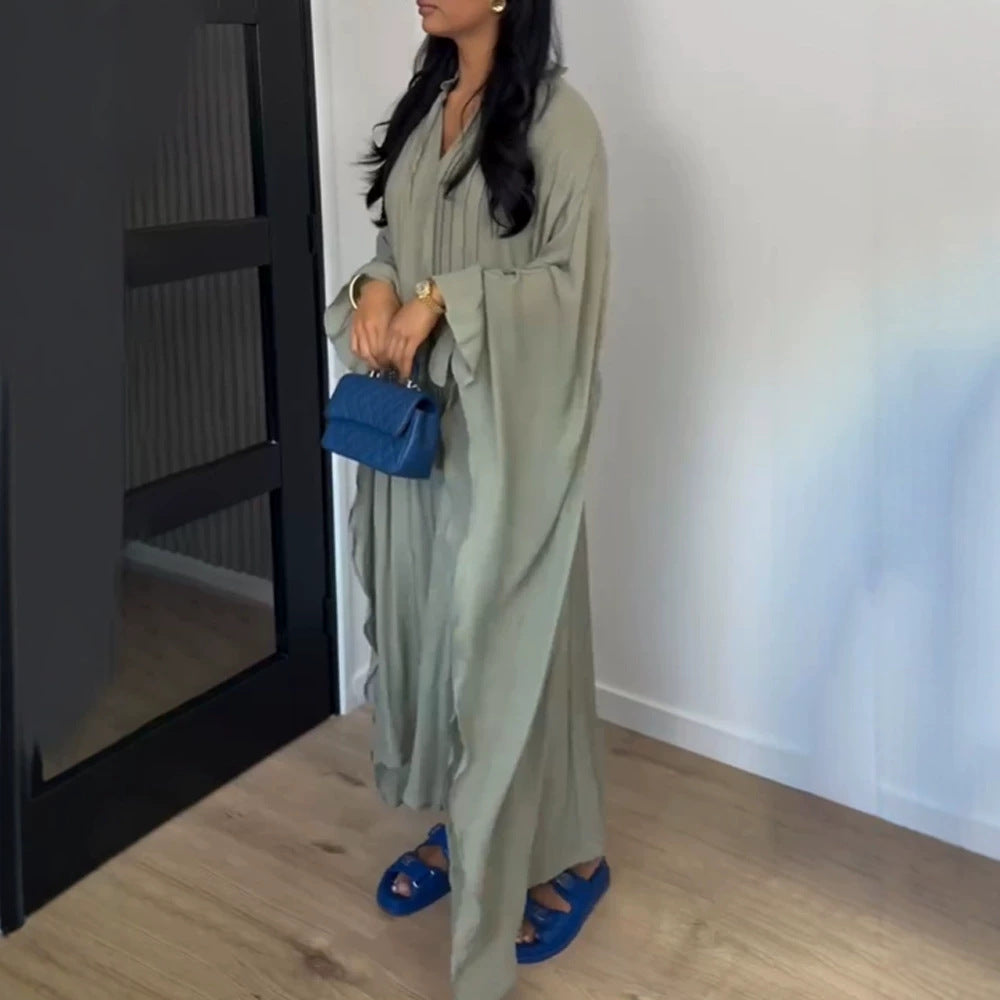 Women's maxi dress in kaftan style with ruffled collar, tie straps, and voluminous sleeves Amarae
