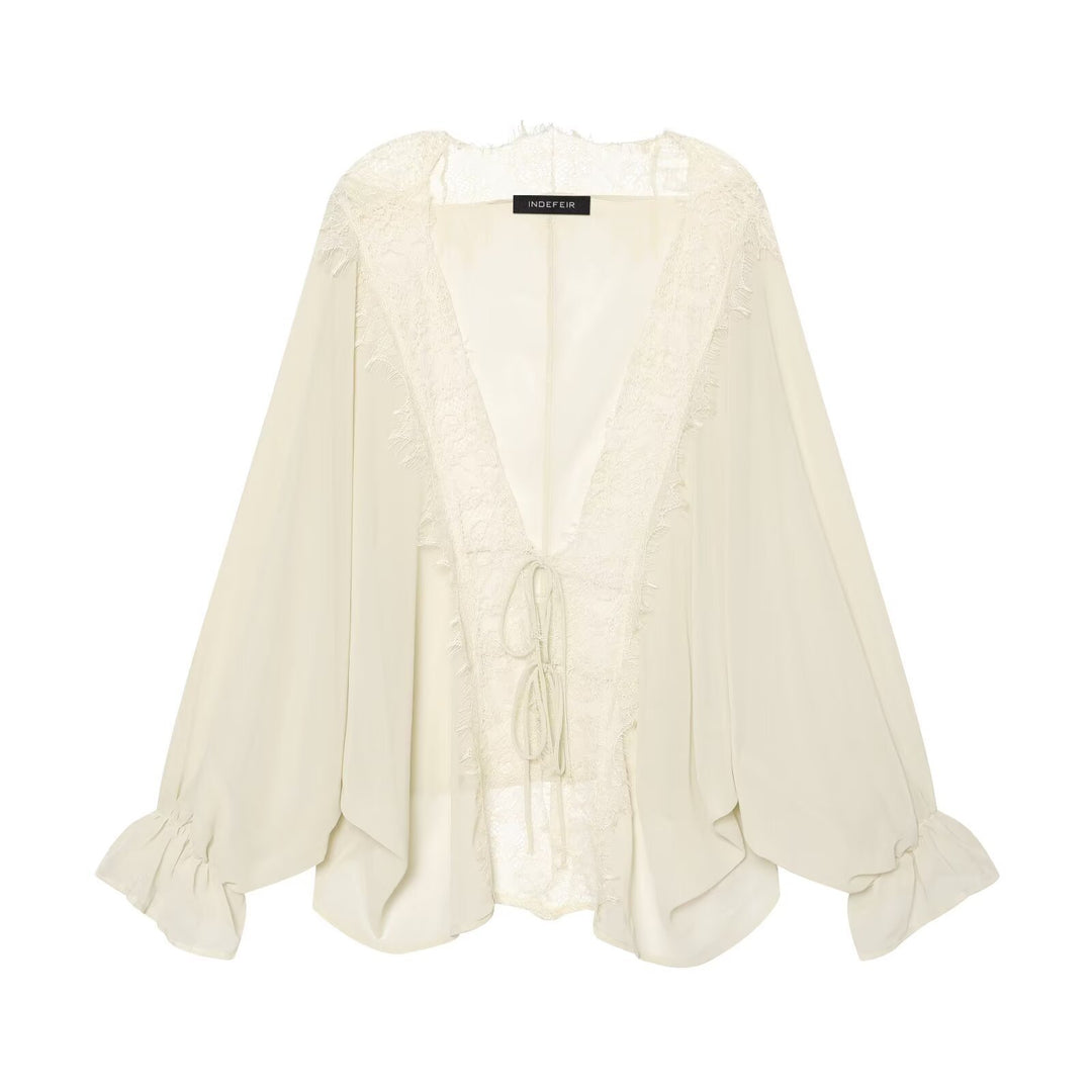 Women's Flowing Kimono Blouse with Lace Trim and Tie Band Amarae