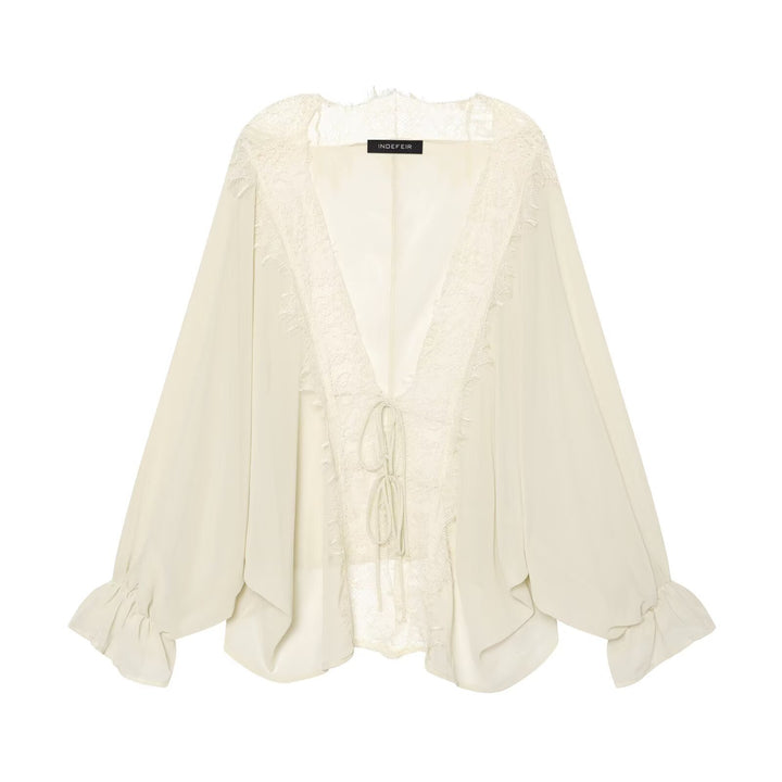 Women's Flowing Kimono Blouse with Lace Trim and Tie Band Amarae