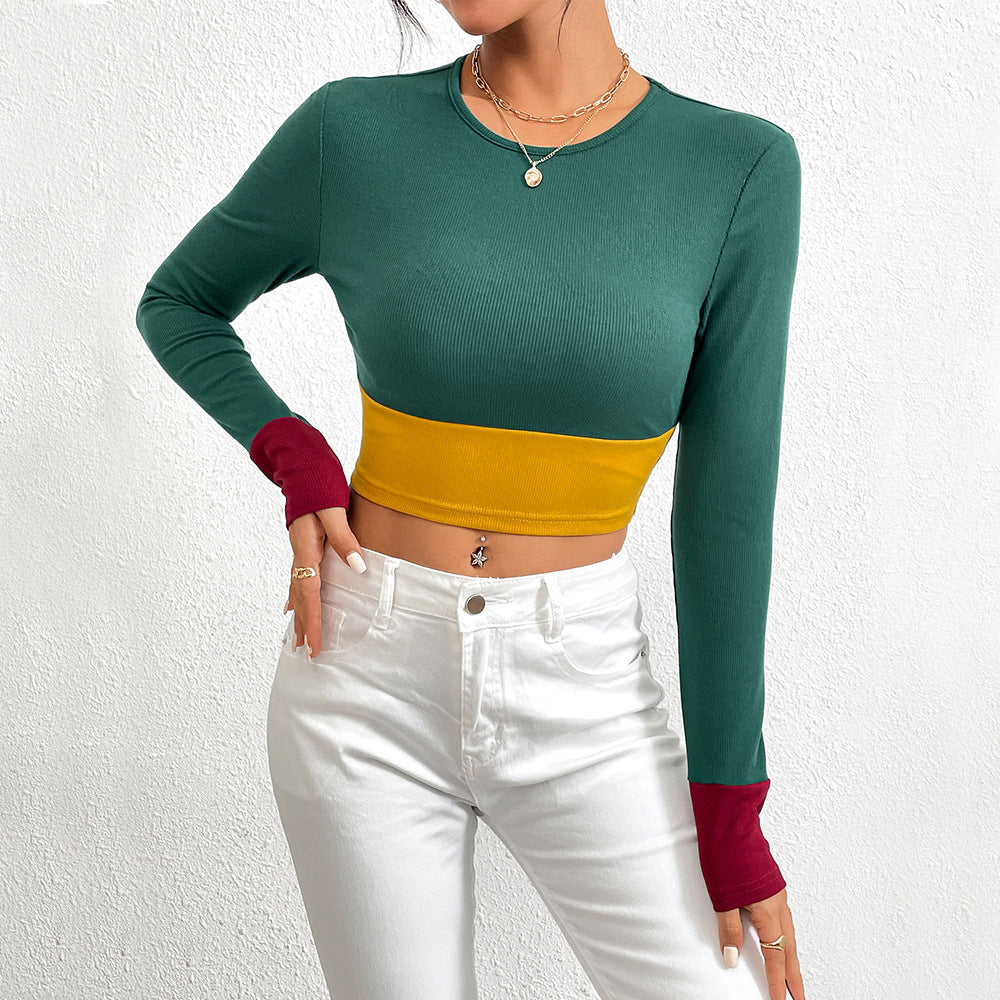 T-shirt court pour femmes avec design en bloc de couleur et manches longues Chic & Stil