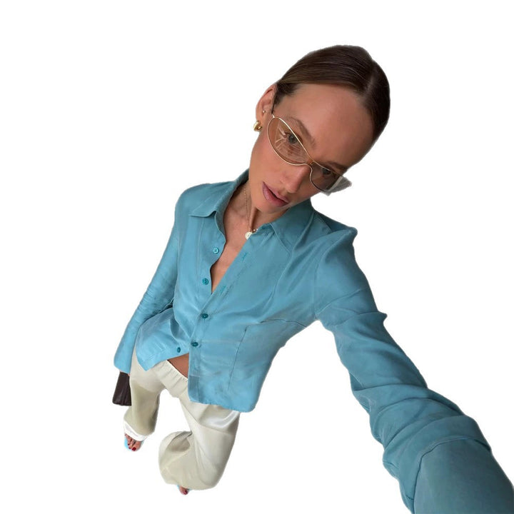 Women's satin blouse with tailored cut, shirt collar, and shaping seams Amarae