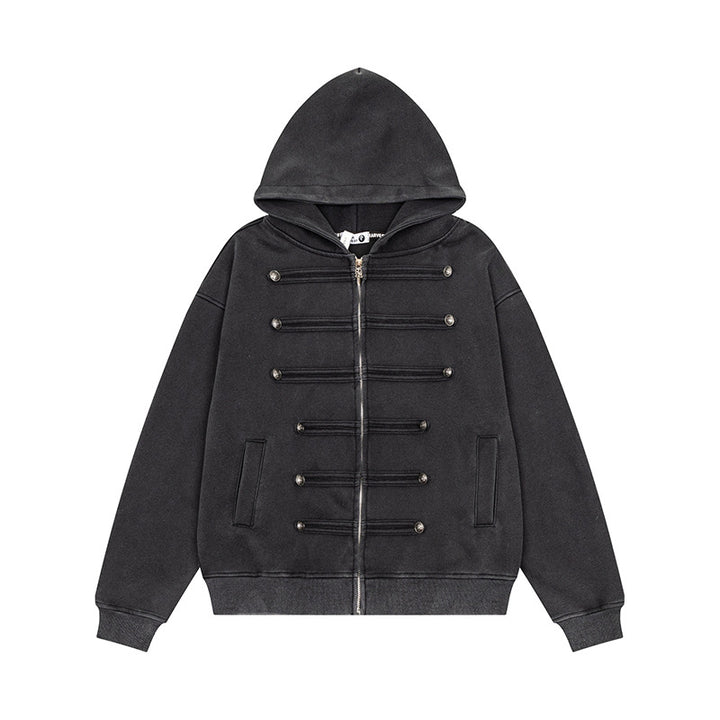 Ladies Hooded Sweat Jacket with decorative Double Button Placket and Zipper Amarae