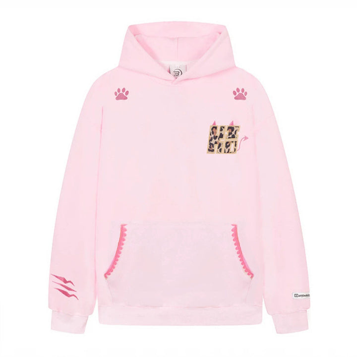 Women's Oversize Hooded Sweater with Kangaroo Pocket, Animal Patch and Decorative Embroidery Amarae