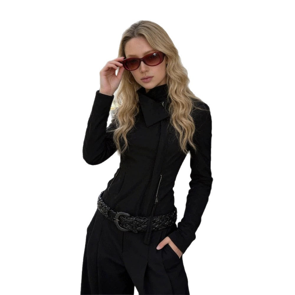 Women Fitted Zip Jacket with Asymmetrical Collar and Figure-Shaping Silhouette Amarae