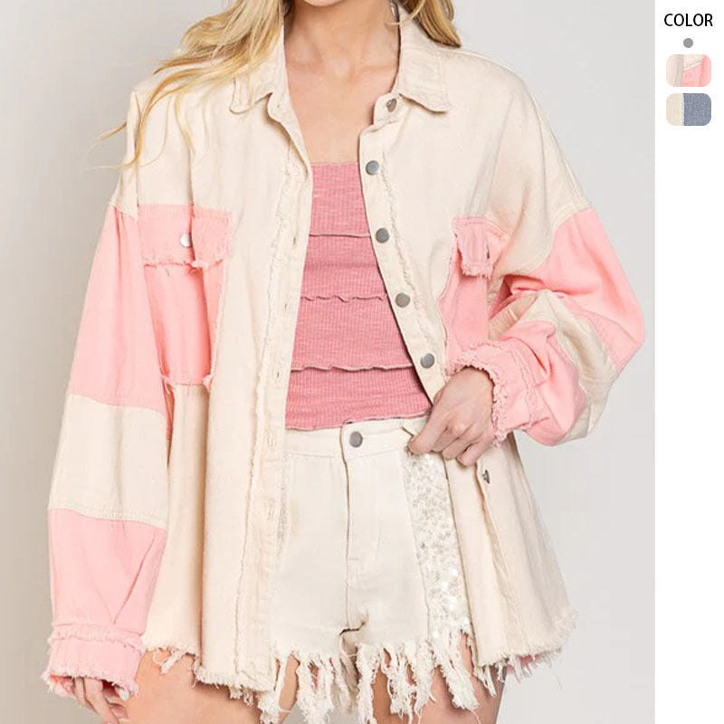 Women's Oversized Denim Jacket with Unique Color Blocks and Fringed Details Lune London