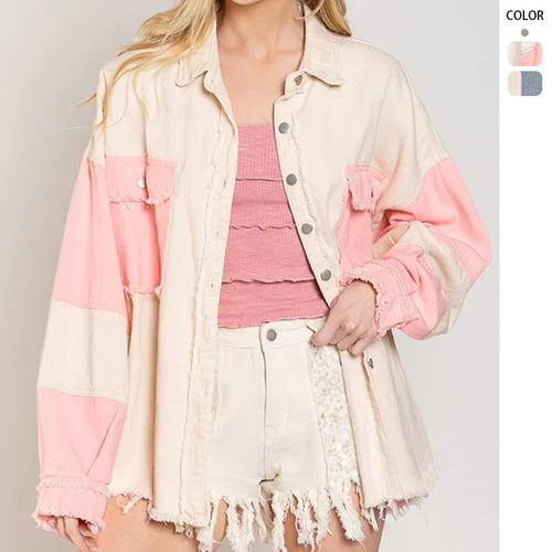 Women's Oversized Denim Jacket with Unique Color Blocks and Fringed Details Amarae