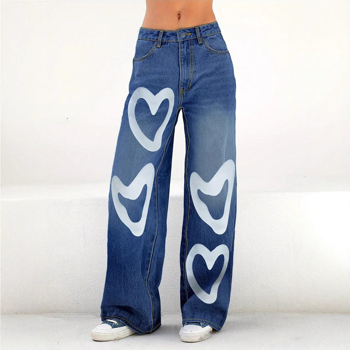 Ladies High-Waist Wide-Leg Jeans with large heart print Amarae