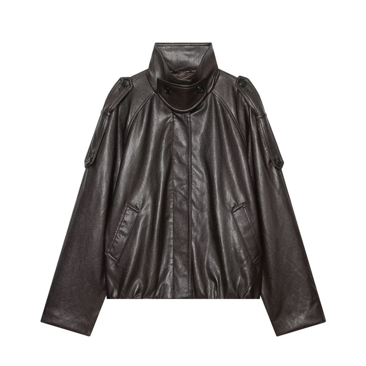 Women's short-cut leather look blouson jacket with high funnel collar, shoulder tabs and integrated patch pockets Amarae