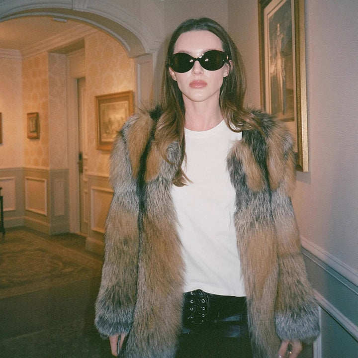 Women short cut oversized faux fur coat with voluminous shawl collar Amarae