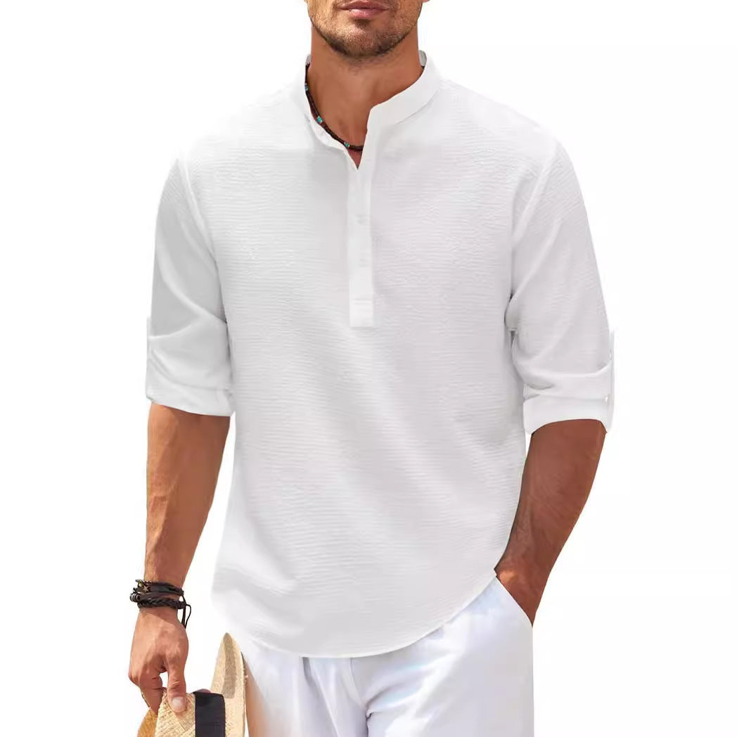 Men's Casual Long Sleeve Shirt with Stand-Up Collar and Ribbed Texture Lune London
