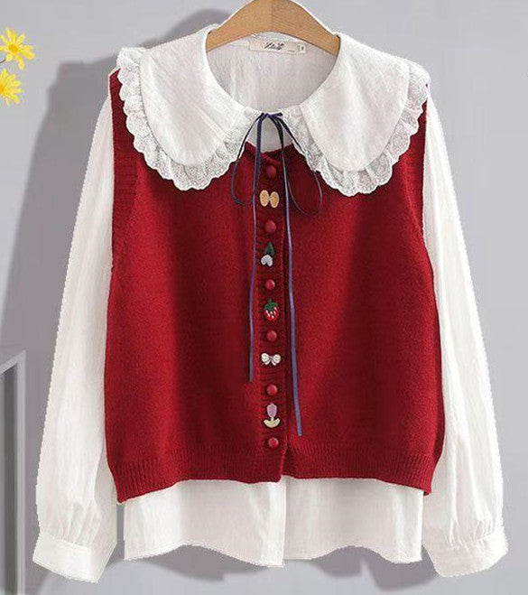Knit blouse for women with decorative collar and handmade appliqués Lune London