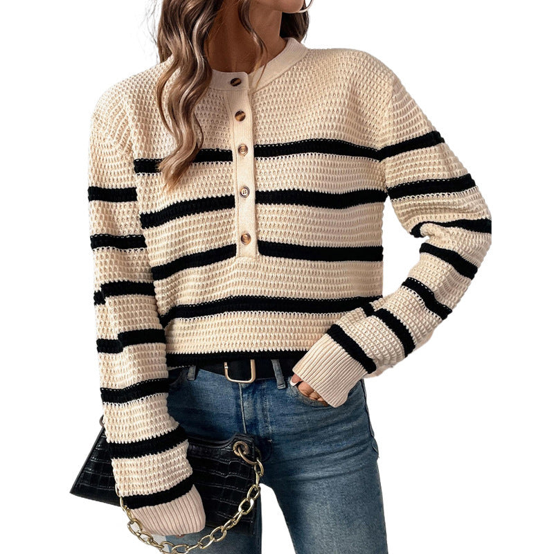 Striped women's sweater with button placket in textured wool Lune London