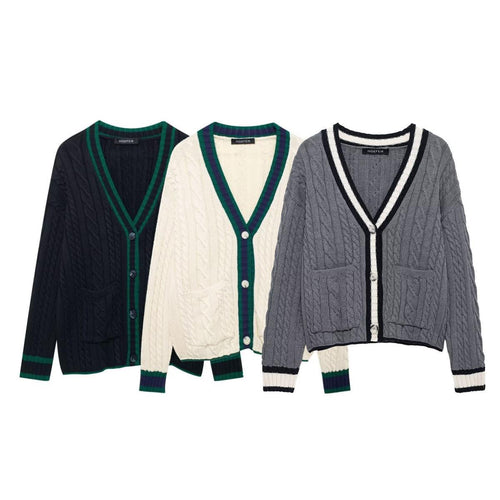 Knit jacket for women with V-neck and decorative cable patterns Amarae