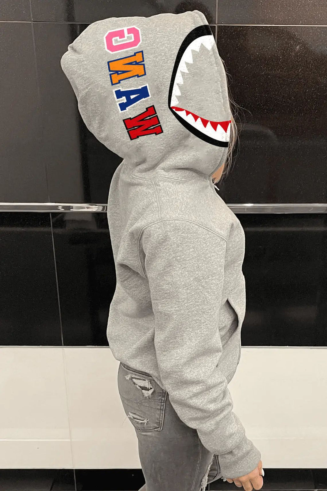 Hooded jacket for women with a creative shark design and modern embroideries Lune London