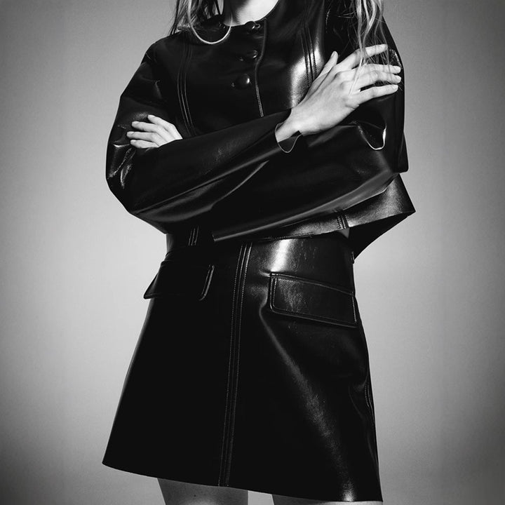 Trendy faux leather set for women with short jacket and short skirt Lune London