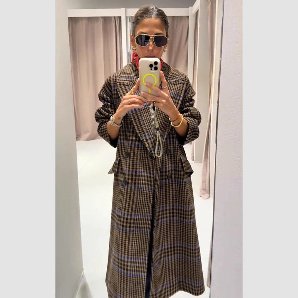 Women Maxilength Oversized Double-Breasted Coat with Emphasized Shoulder and Flap Pockets Amarae