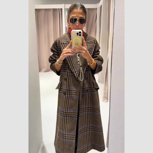 Women Maxilength Oversized Double-Breasted Coat with Emphasized Shoulder and Flap Pockets Amarae