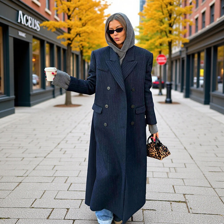 Women Long Double-Breasted Pinstripe Coat with Oversized Shoulder Amarae
