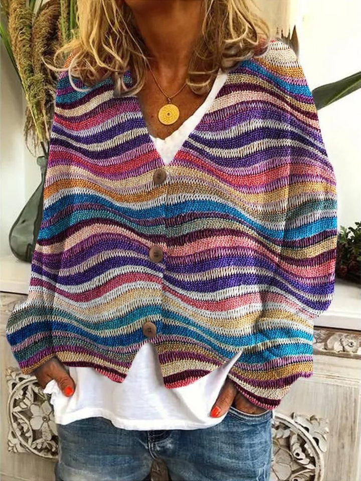 Cardigan tricoté décontracté pour femmes avec des rayures colorées et des détails de boutons Chic & Stil