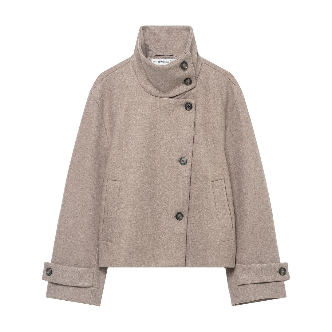 Women's short jacket in boxy cut made of wool blend with high stand-up collar and asymmetrical button placket Amarae