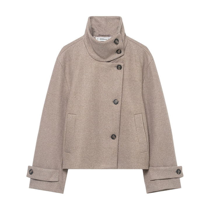 Women's short jacket in boxy cut made of wool blend with high stand-up collar and asymmetrical button placket Amarae