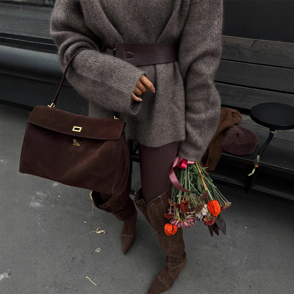 Women Oversize Mohair-Mix Roll-neck Sweater Dress with Balloon Sleeves and Waist Belt Amarae