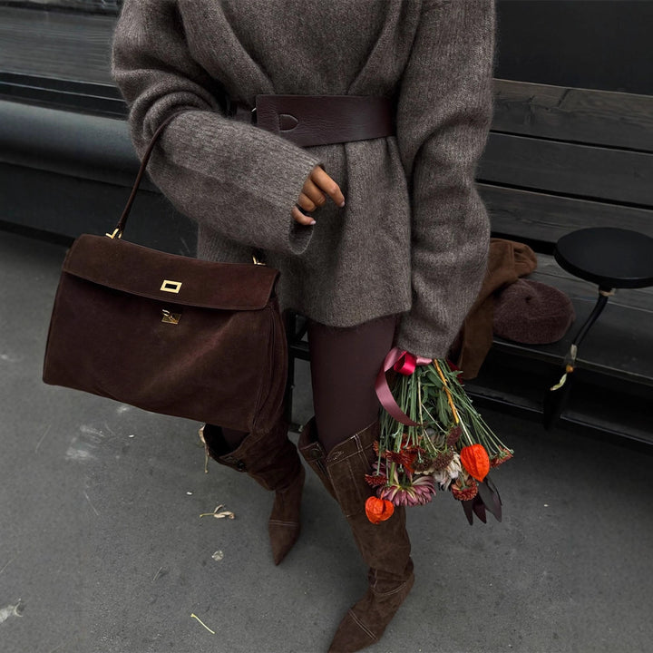 Women Oversize Mohair-Mix Roll-neck Sweater Dress with Balloon Sleeves and Waist Belt Amarae