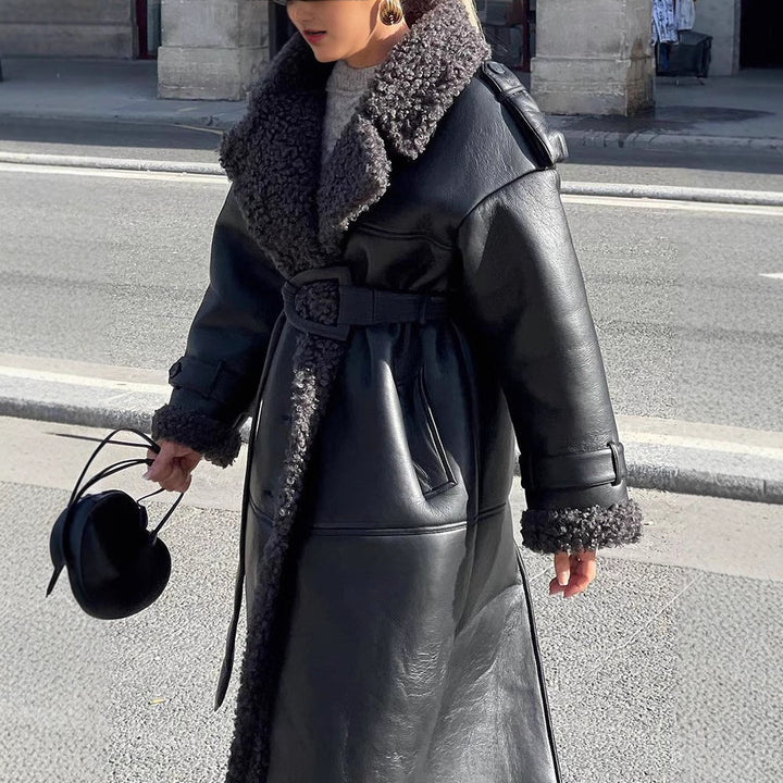 Oversized faux leather coat for women with textured inner lining Amarae