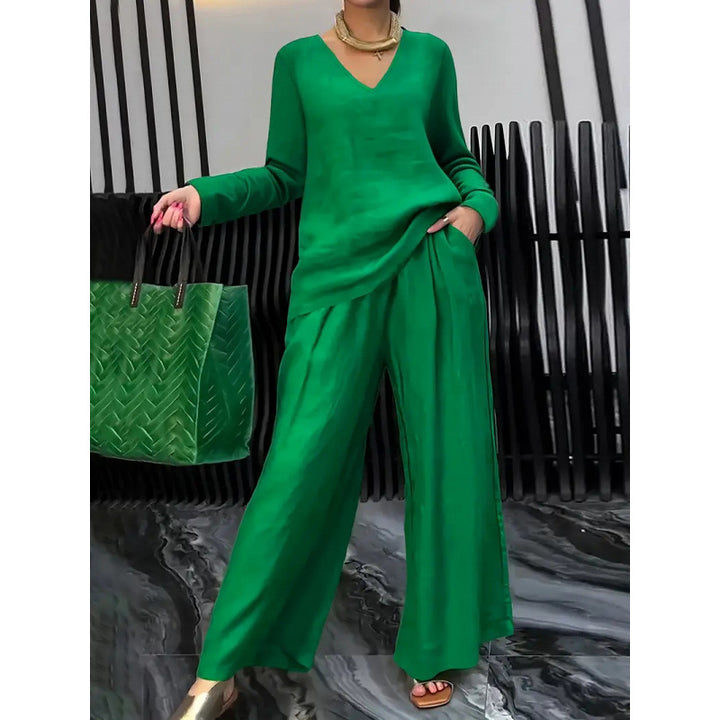 Women's Fine V-Neck Knit Sweater with Flowing Palazzo Pants Amarae