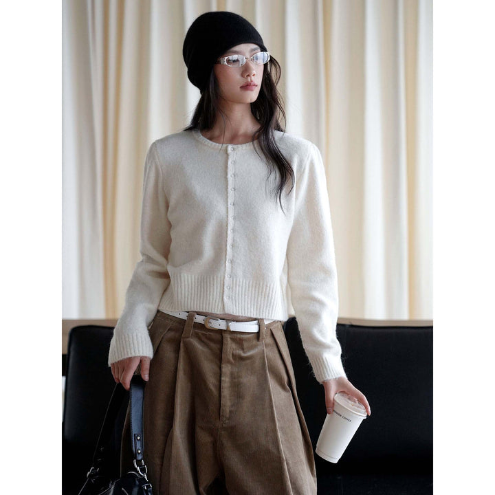 Women Button-Front Short Knit Jacket with Fluffy Texture and Narrow Hem Amarae
