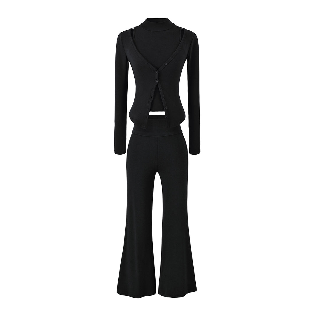 Women Figure-Hugging Layering Set with Turtleneck Long Sleeve and Asymmetrical Button Jacket and Flared High-Waist Pants Amarae