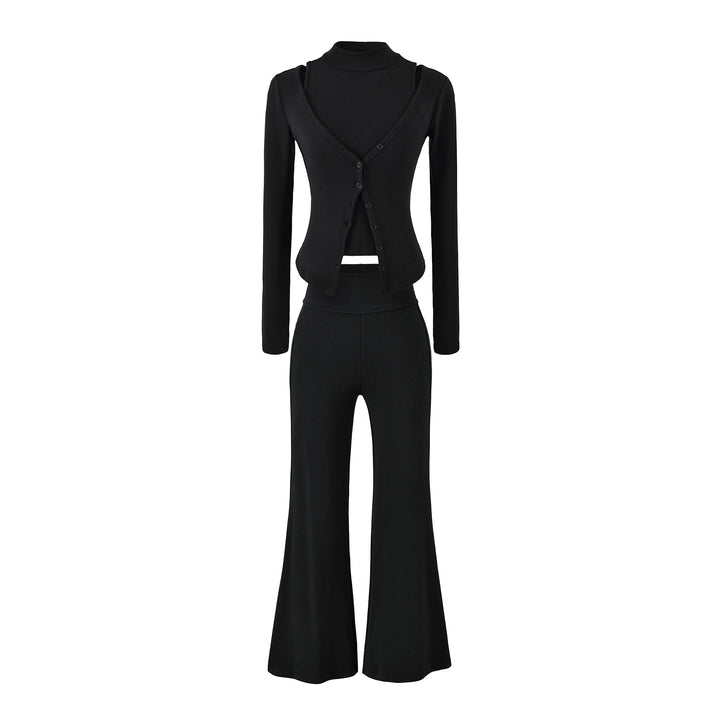 Women Figure-Hugging Layering Set with Turtleneck Long Sleeve and Asymmetrical Button Jacket and Flared High-Waist Pants Amarae