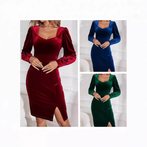 Velvet dress for women with elegant V-neckline and puff sleeves Amarae