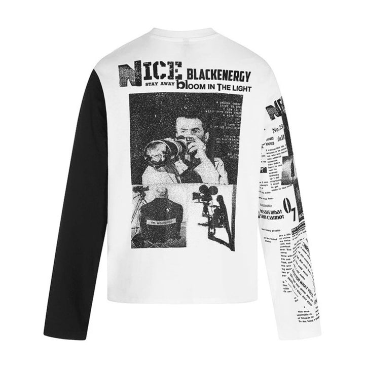 Men's Long Sleeve Shirt with Asymmetrical Contrast Sleeves and Photo Collage Print Amarae
