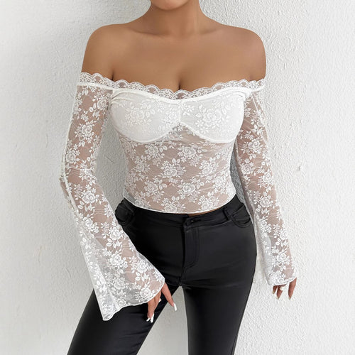 Women’s lace top with off-shoulder design and elegant trumpet sleeves Amarae