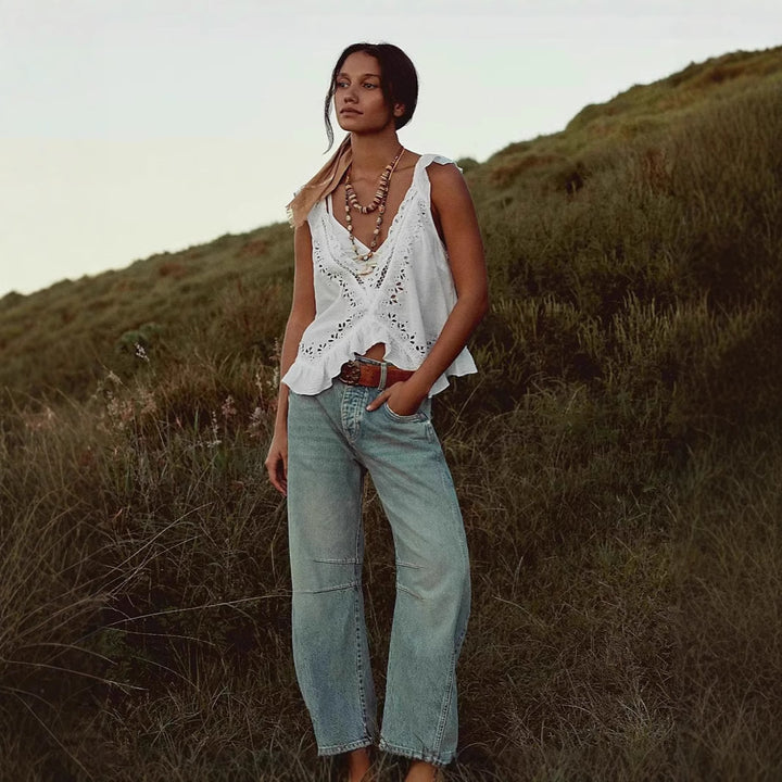 Ladies airy linen crop top with ruffles Lune London