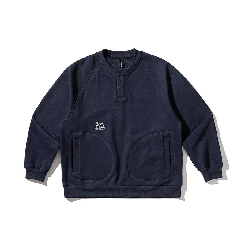 Unisex Oversize Henley Sweatshirt with raglan sleeves, button placket, and distinctive round pockets Amarae