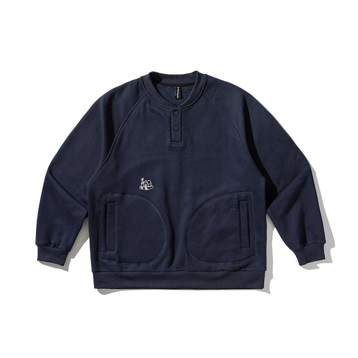 Unisex Oversize Henley Sweatshirt with raglan sleeves, button placket, and distinctive round pockets Amarae