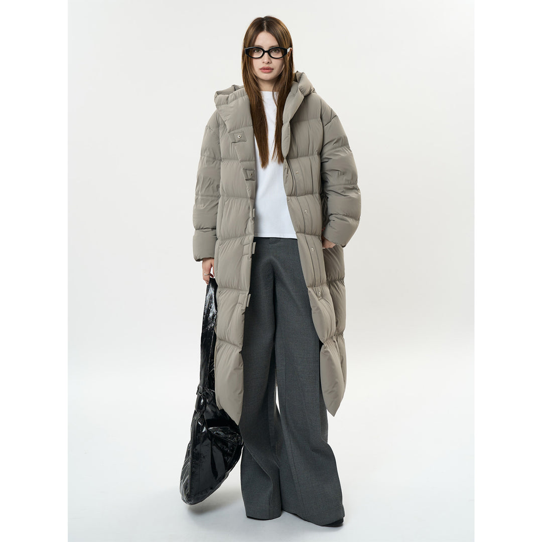 Women's Long Quilted Oversized Puffer Coat with Hood and Snap Button Placket Amarae
