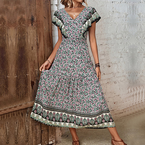 Chic Vintage Style Floral Ruffle Maxi Dress for Women