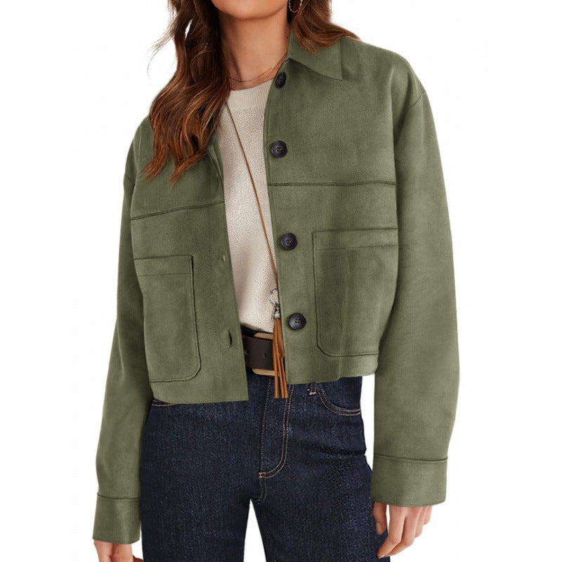 Women's short suede-look jacket with patch pockets and shirt collar Amarae