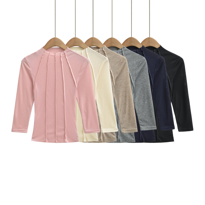 Women's Fitted Long Sleeve Shirt with Stand-Up Collar and Decorative Ruffles