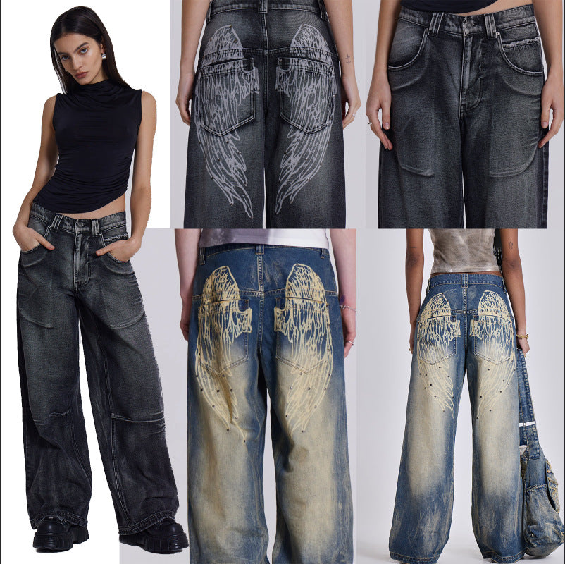 Women's wide jeans with artistic wing design and unique details Lune London