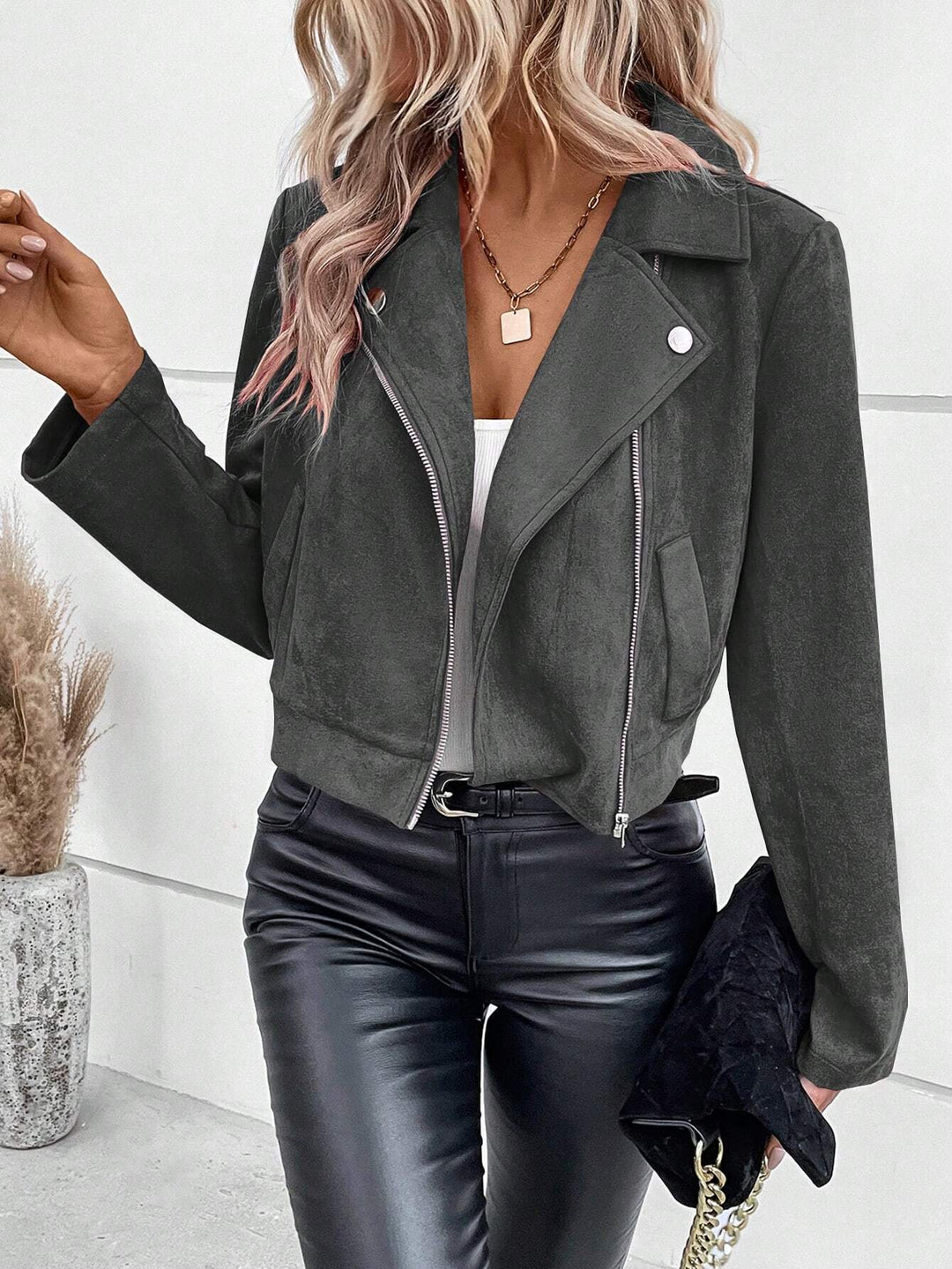 Ladies Stylish Biker Jacket in Synthetic Leather with Asymmetrical Zipper Lune London